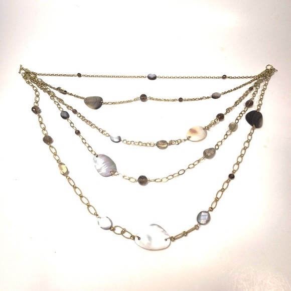 Multi Layer Chain & Mother of Pearl Necklace Toggle 925 Clasp 26 in. Gold Tone - Picture 5 of 8